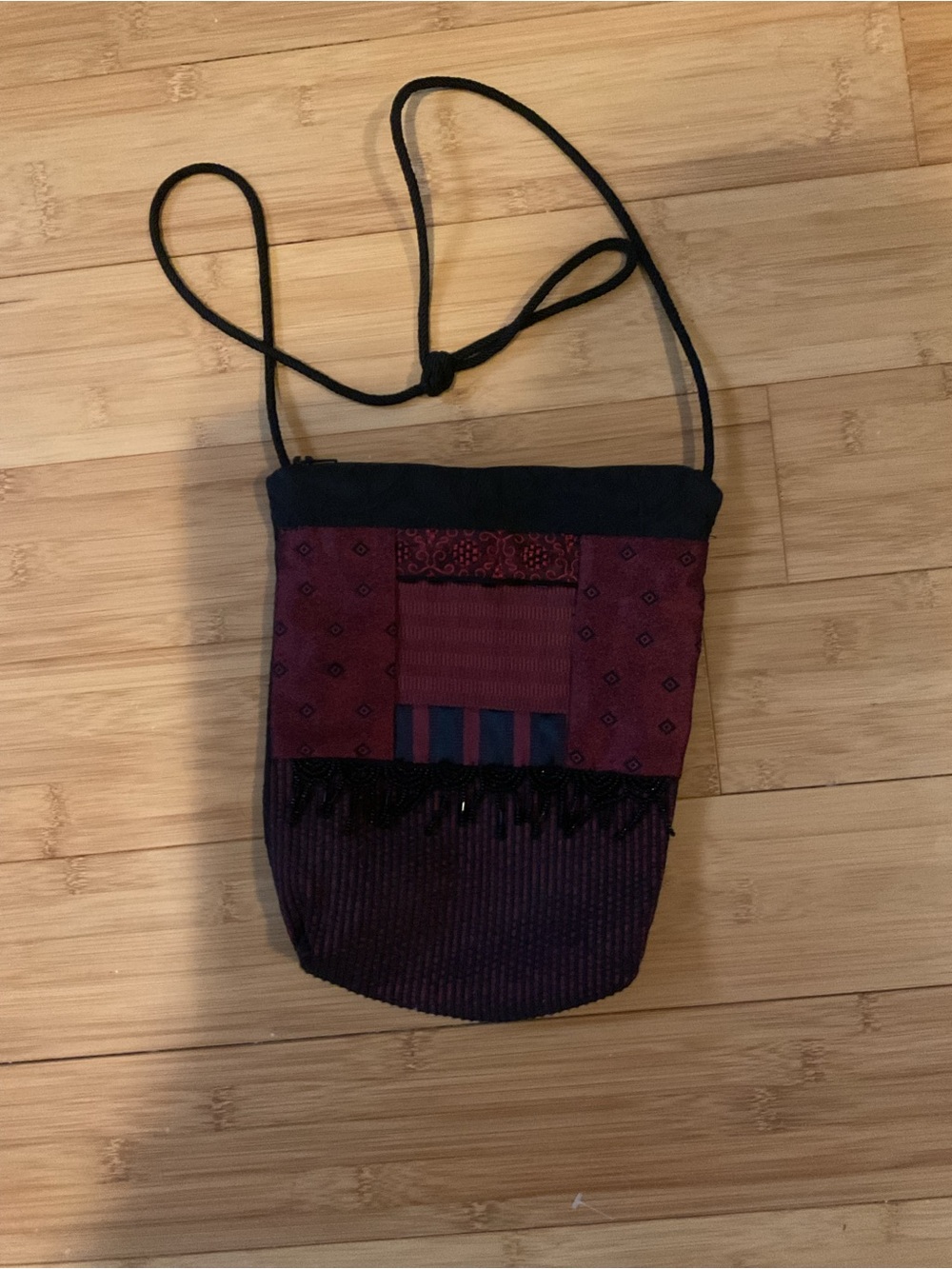 Beaded Red and Black Patchwork Crossbody Bag